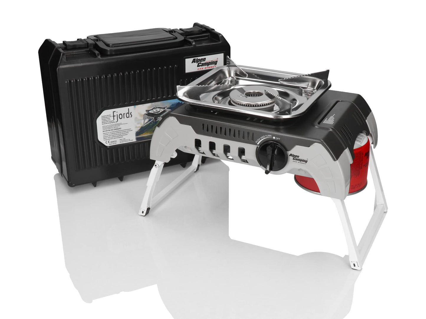 Alpen Camping Fjords Gaskocher Campingkocher + Adapter + 4x 300g Gaskartusche 2400 Watt Schraubgaskartuschen 7/16" über Adapter auch Msf1a mit Koffer