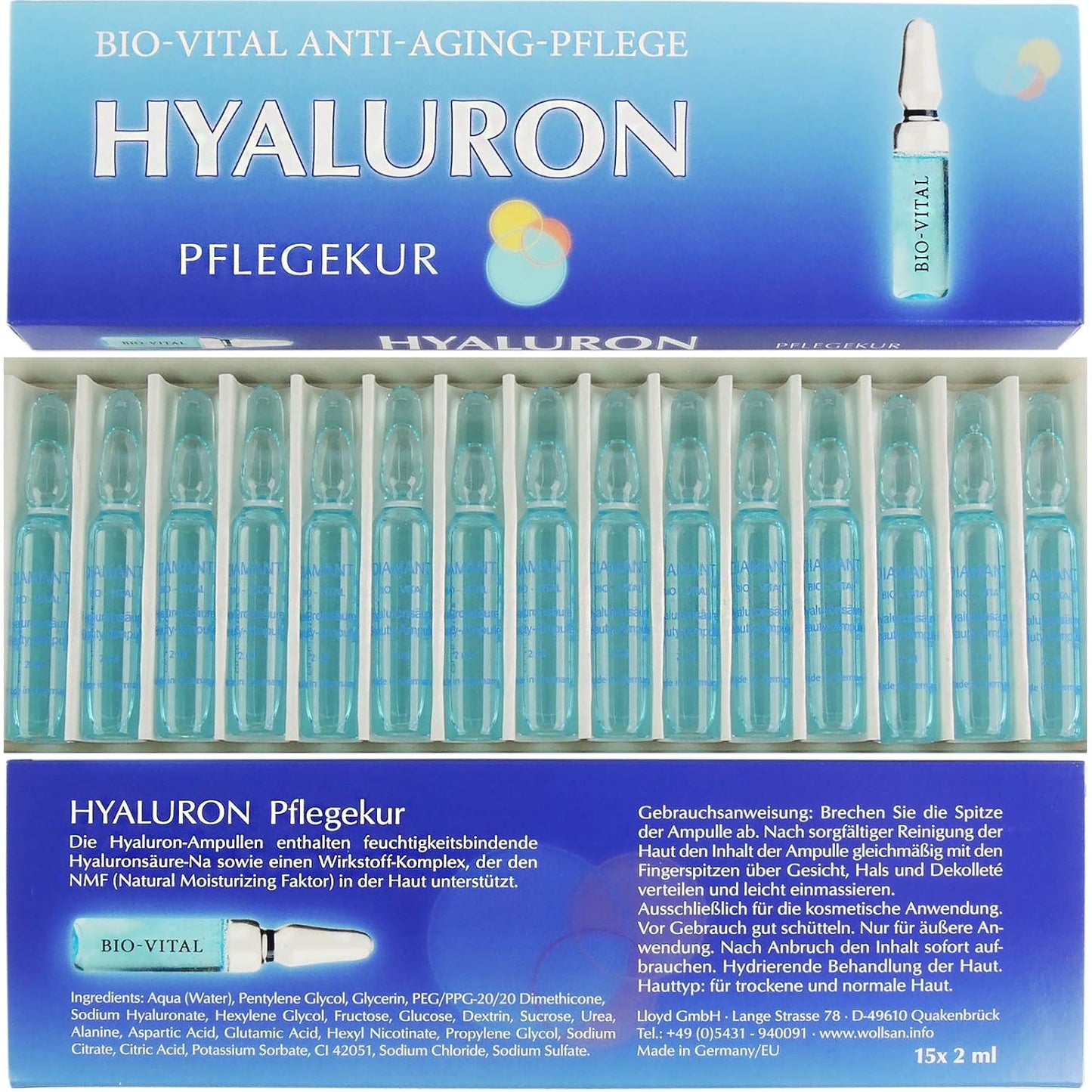 Hyaluron Bio Vital Anti Aging Pflegekur 30 ml hochkonzentrierte Hyaluronsäure, 15 Ampullen á 2 ml, gegen Falten Made in Germany von STREHLER DESIGN